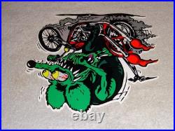 Vintage Ratfink Rides Motorcycle 12 Porcelain Metal Rat Fink Gasoline Oil Sign