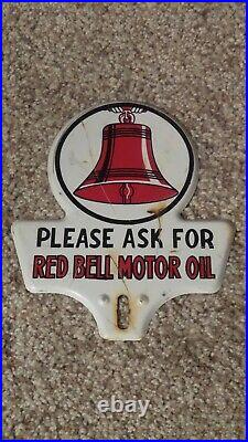 Vintage Red Bell Motor Oil Metal License Plate Topper Sign Oil Gas Station