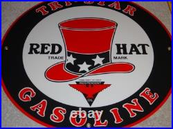 Vintage Red Hat Tri-star? Gasoline 11 3/4 Porcelain Metal Independent Oil Sign