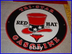 Vintage Red Hat Tri-star? Gasoline 11 3/4 Porcelain Metal Independent Oil Sign