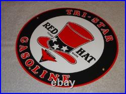 Vintage Red Hat Tri-star? Gasoline 11 3/4 Porcelain Metal Independent Oil Sign