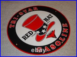 Vintage Red Hat Tri-star? Gasoline 11 3/4 Porcelain Metal Independent Oil Sign
