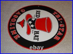 Vintage Red Hat Tri-star? Gasoline 11 3/4 Porcelain Metal Independent Oil Sign