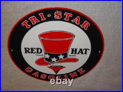 Vintage Red Hat Tri-star? Gasoline 11 3/4 Porcelain Metal Independent Oil Sign