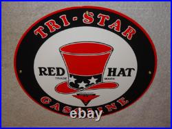 Vintage Red Hat Tri-star? Gasoline 11 3/4 Porcelain Metal Independent Oil Sign