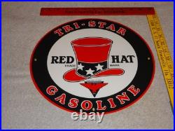 Vintage Red Hat Tri-star? Gasoline 11 3/4 Porcelain Metal Independent Oil Sign