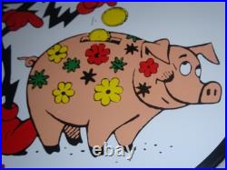 Vintage Reddy Kilowatt Piggy Bank Saves $$ 11 3/4 Porcelain Metal Gasoline Sign
