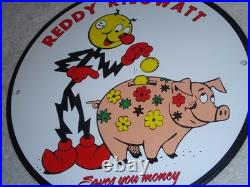 Vintage Reddy Kilowatt Piggy Bank Saves $$ 11 3/4 Porcelain Metal Gasoline Sign
