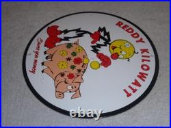 Vintage Reddy Kilowatt Piggy Bank Saves $$ 11 3/4 Porcelain Metal Gasoline Sign
