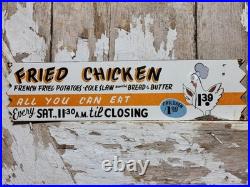 Vintage Restaurant Porcelain Sign Old Fried Chicken Rooster Hen All You Can Eat