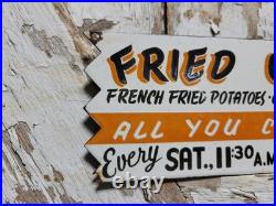 Vintage Restaurant Porcelain Sign Old Fried Chicken Rooster Hen All You Can Eat