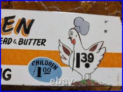 Vintage Restaurant Porcelain Sign Old Fried Chicken Rooster Hen All You Can Eat