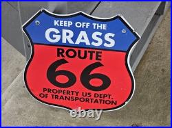 Vintage Route 66 U. S. Keep Off The Grass Porcelain Enamel Metal Sign 11 X 11