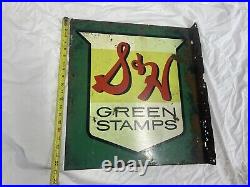 Vintage S&H GREEN STAMPS Metal 2-Sided Advertising General Store SIGN 21 X 19