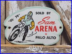 Vintage Sam Arena Porcelain Sign Old Motorcycle Racing Palo Alto Ca Harley Biker