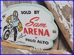 Vintage Sam Arena Porcelain Sign Old Motorcycle Racing Palo Alto Ca Harley Biker