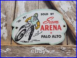 Vintage Sam Arena Porcelain Sign Old Motorcycle Racing Palo Alto Ca Harley Biker