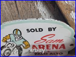 Vintage Sam Arena Porcelain Sign Old Motorcycle Racing Palo Alto Ca Harley Biker