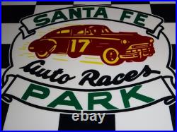 Vintage Santa Fe Speedway Auto Car, Truck Races Chicago Metal Gasoline Oil Sign