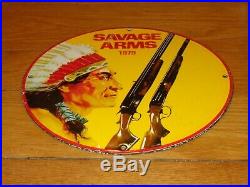 Vintage Savage Arms Shotgun & Indian 11 3/4 Porcelain Metal Gasoline Oil Sign