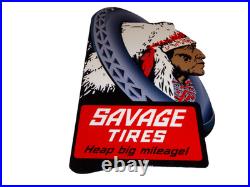 Vintage Savage Tires Heap Big Mileage +indian 12 Enamel Metal Gasoline Oil Sign