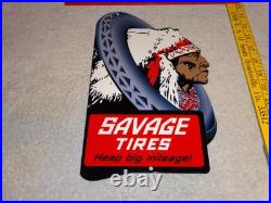 Vintage Savage Tires Heap Big Mileage +indian 12 Enamel Metal Gasoline Oil Sign
