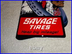 Vintage Savage Tires Heap Big Mileage +indian 12 Enamel Metal Gasoline Oil Sign