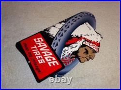 Vintage Savage Tires Heap Big Mileage +indian 12 Enamel Metal Gasoline Oil Sign