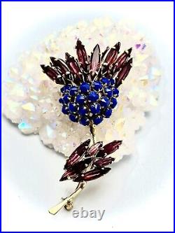 Vintage Schreiner 3-D Flower Brooch With Purple & Blue Rhinestones SIGNED MINT