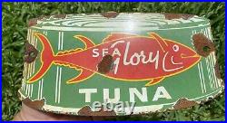 Vintage Sea Glory Tuna Can Porcelain Metal Fish Store Grocery Advertising Sign