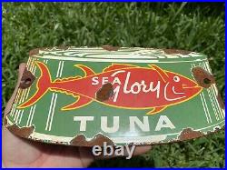 Vintage Sea Glory Tuna Can Porcelain Metal Fish Store Grocery Advertising Sign