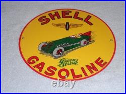 Vintage Shell Green Streak Gasoline & Race Car 11 3/4 Porcelain Metal Oil Sign