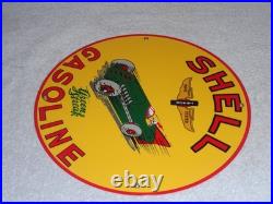 Vintage Shell Green Streak Gasoline & Race Car 11 3/4 Porcelain Metal Oil Sign