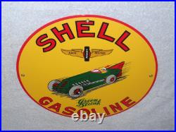 Vintage Shell Green Streak Gasoline & Race Car 11 3/4 Porcelain Metal Oil Sign