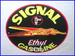 Vintage Signal Gasoline Car Turns Airplane! 11 3/4 Porcelain Metal Gas Oil Sign