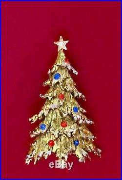Vintage Signed AJC Christmas Tree Tied on Gold Car Enamel Pin Brooch RARE! RETRO