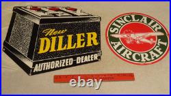 Vintage Sinclair Aircraft Airplane Porcelain & Die-cut Diller Battery Metal Sign