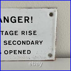 Vintage Small Subway Danger Voltage Sign Porcelain Metal White Secondary is Open