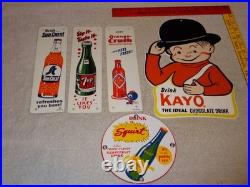 Vintage Soda Collection Of 5 Metal & Porcelain Sign Orange Crush 7up Squirt Kayo