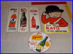 Vintage Soda Collection Of 5 Metal & Porcelain Sign Orange Crush 7up Squirt Kayo