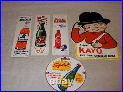 Vintage Soda Collection Of 5 Metal & Porcelain Sign Orange Crush 7up Squirt Kayo