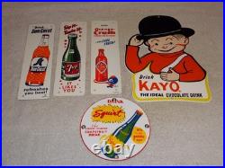 Vintage Soda Collection Of 5 Metal & Porcelain Sign Orange Crush 7up Squirt Kayo