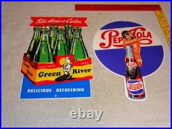 Vintage Soda Sign Lot Of 2 Green River Mermaid Pepsi Cola Woman Metal Gas & Oil
