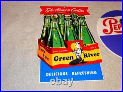Vintage Soda Sign Lot Of 2 Green River Mermaid Pepsi Cola Woman Metal Gas & Oil