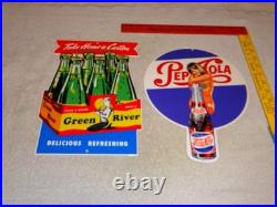 Vintage Soda Sign Lot Of 2 Green River Mermaid Pepsi Cola Woman Metal Gas & Oil