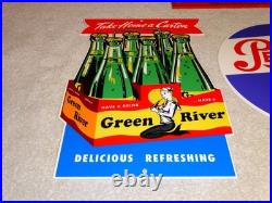 Vintage Soda Sign Lot Of 2 Green River Mermaid Pepsi Cola Woman Metal Gas & Oil