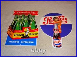 Vintage Soda Sign Lot Of 2 Green River Mermaid Pepsi Cola Woman Metal Gas & Oil