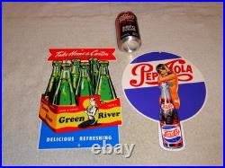 Vintage Soda Sign Lot Of 2 Green River Mermaid Pepsi Cola Woman Metal Gas & Oil