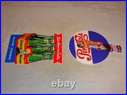 Vintage Soda Sign Lot Of 2 Green River Mermaid Pepsi Cola Woman Metal Gas & Oil