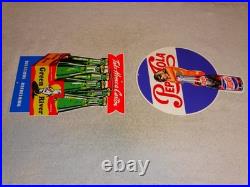 Vintage Soda Sign Lot Of 2 Green River Mermaid Pepsi Cola Woman Metal Gas & Oil